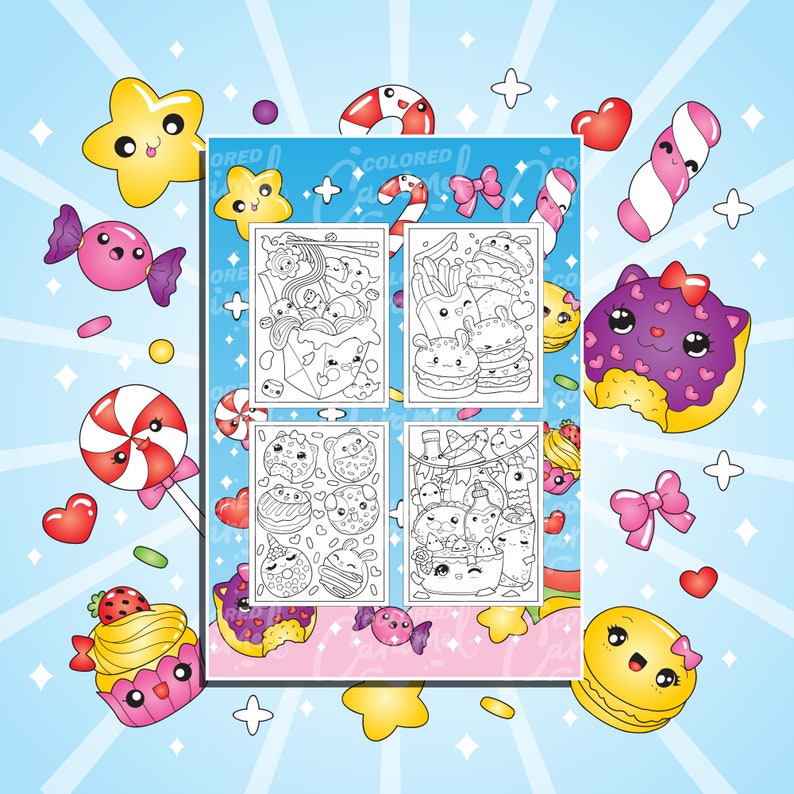 Kawaii Food Coloring Book Printable PDF Download Pages Cute - Etsy