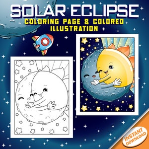 Total Solar Eclipse April 8 2024 Coloring Pages for Kids, Cute Printable Instant Digital Download PDF Sheets with Sun, Earth, Moon, Galaxy