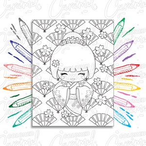 Kawaii Coloring Page Digital Download PDF with Cute Japanese Kokeshi Geisha Doll and Sakura Cherry Blossom Flowers Drawing & Illustration