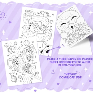May include: Three black and white line art coloring pages with space-themed illustrations. One shows a bear in a donut float, another a cat with space food, and the third a space station with bears. Text reads "PLACE A THICK PAPER OR PLASTIC SHEET UNDERNEATH TO AVOID BLEED-THROUGH. INSTANT DOWNLOAD PDF."