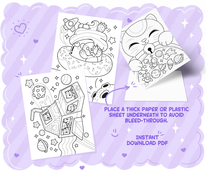 May include: Three black and white line art coloring pages with space-themed illustrations. One shows a bear in a donut float, another a cat with space food, and the third a space station with bears. Text reads "PLACE A THICK PAPER OR PLASTIC SHEET UNDERNEATH TO AVOID BLEED-THROUGH. INSTANT DOWNLOAD PDF."