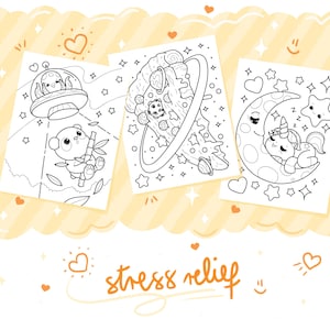 May include: Three black and white colouring pages. One shows a panda with bamboo and an alien in a UFO. Another depicts a pizza slice with planets. The third features a unicorn sleeping on a crescent moon. The words "stress relief" are written in orange.