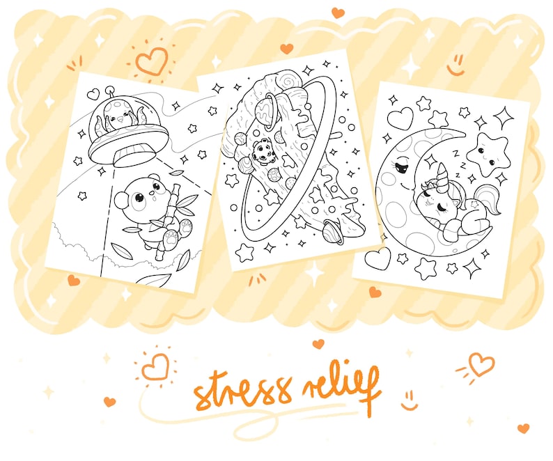 May include: Three black and white colouring pages. One shows a panda with bamboo and an alien in a UFO. Another depicts a pizza slice with planets. The third features a unicorn sleeping on a crescent moon. The words "stress relief" are written in orange.
