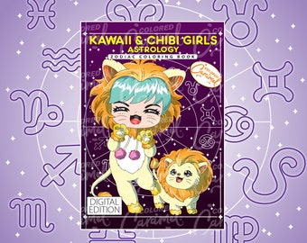 Kawaii & Chibi Girls Zodiac Coloring Book, Printable Instant Digital Download PDF,  Astrology Colorable Pages with Whimsical Horoscope Signs