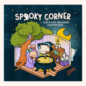 May include: A square coloring book titled Spooky Corner: Cozy & Cute Halloween Coloring Book. The cover features a cartoon illustration of a rabbit and a cat stirring a black cauldron inside a room with a tree, a bookshelf, and a ghost.