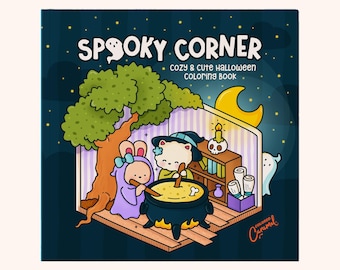 Puede incluir: Un libro para colorear cuadrado titulado Spooky Corner: Cozy & Cute Halloween Coloring Book. La portada presenta una ilustración de dibujos animados de un conejo y un gato revolviendo un caldero negro en una habitación con un árbol, estantería y fantasma.