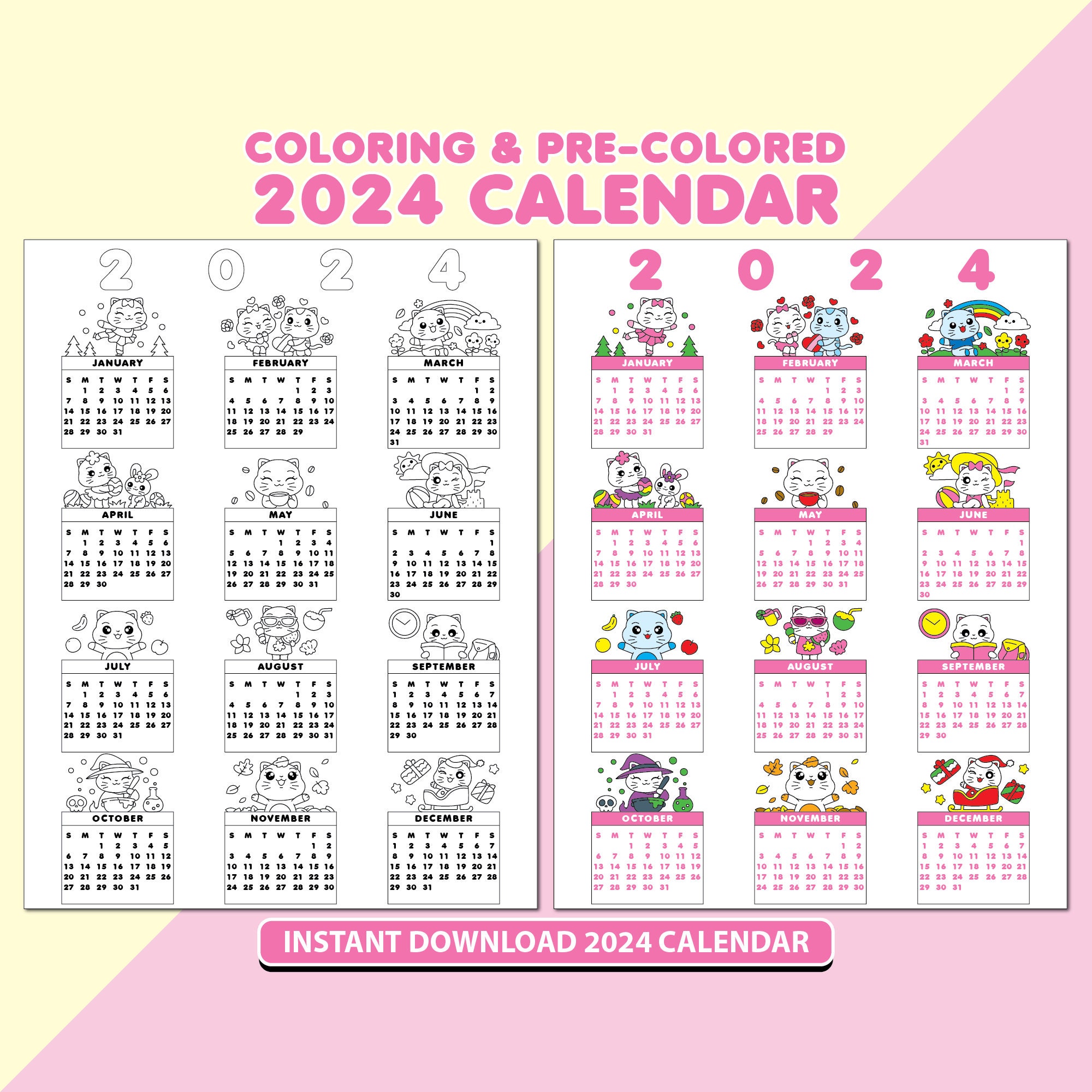 Kawaii Cats Coloring Calendar 2024, Printable Instant Digital Download PDF,  Cute Set Themed Colorable, Colorful DIY 12 Month Overview - Etsy Norway