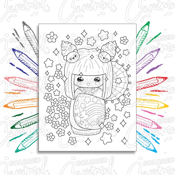 Kawaii Coloring Page Digital Download PDF with Japanese Kokeshi Geisha Doll, Panda, Cat and Sakura Cherry Blossom Flowers