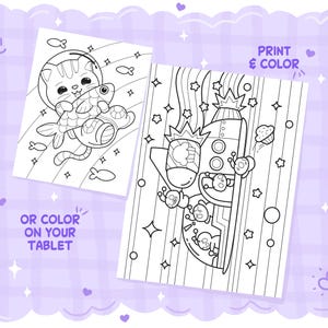 May include: Two black and white colouring pages with cartoon illustrations. One shows a cat in a space helmet holding a fish, the other depicts a rocket ship with aliens. Text reads "Print & Color" and "Or Color on Your Tablet."