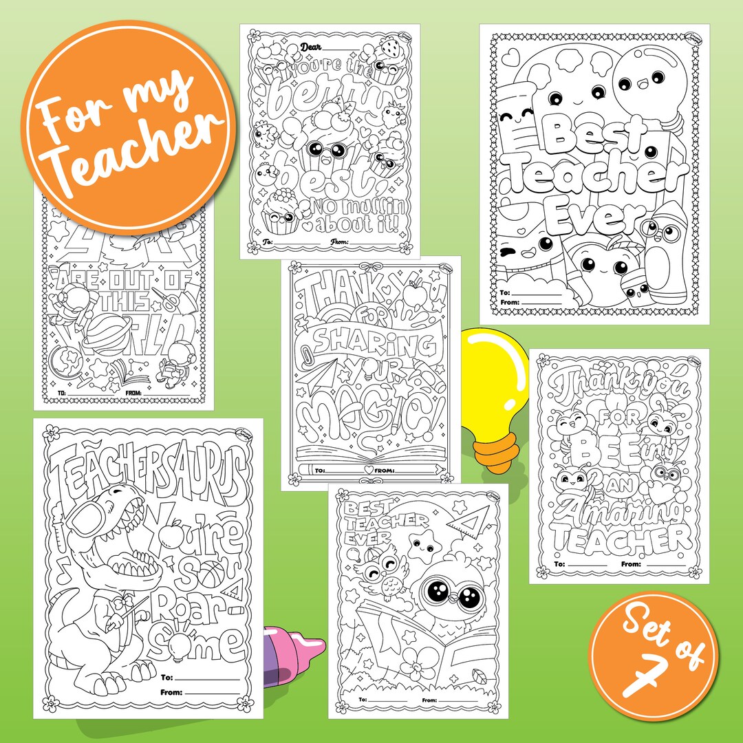Cute Teacher Appreciation Set of 7 Coloring Pages, Thank You Gift for
