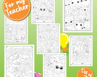 Cute Teacher Appreciation Set of 7 Coloring Pages, Thank You Gift for End of School, Printable Instant Digital Download PDF Sheet