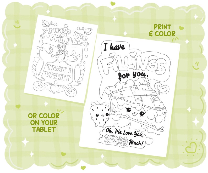 Food Puns Coloring Book, Printable PDF Instant Digital Download, Colorable Pages with Cute and Funny Valentines Stress-Relieving Quotes image 6