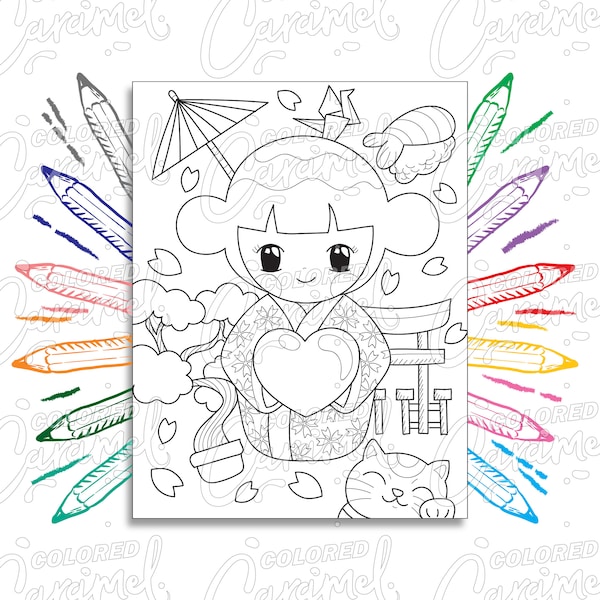 Kawaii Coloring Page Digital Download PDF with Japanese Kokeshi Geisha Doll Beautiful Drawing & Illustration