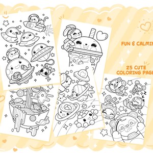 May include: Five coloring pages with cartoon illustrations in black and white. The pages show themes like space, food, and animals. Text on the pages reads "Fun & Calming" and "25 Cute Coloring Pages". The illustrations are in a cute, cartoon style.