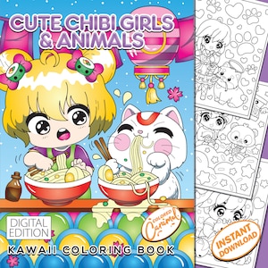 Libro para colorear Chibi Girls Kawaii, descarga instantánea digital imprimible, páginas PDF para colorear con lindas muñecas y divertidos animales caprichosos