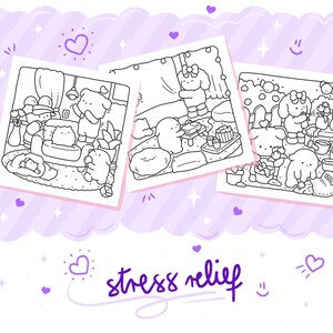 May include: Three black and white line art illustrations of cute characters in various scenes, including a living room, a picnic, and a garden. The phrase "stress relief" is written in cursive below the images, surrounded by hearts and stars.