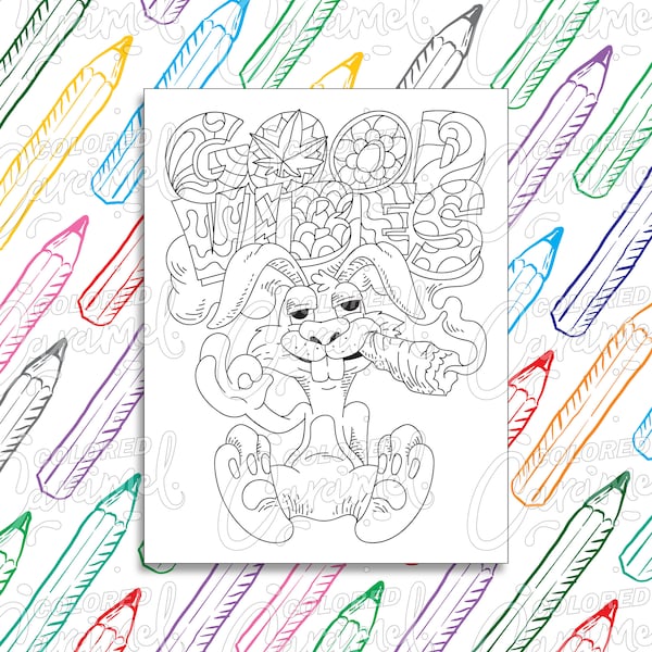 Stoner Coloring Page Digital Download PDF, Trippy, Funny and Cool Rabbit Bunny Smoking Weed, Printable Psychedelic Drawing & Illustration