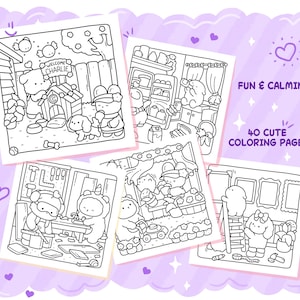 May include: A collection of 40 cute coloring pages with whimsical illustrations. The pages feature adorable characters in various scenes, including a dog house with a "Welcome Charlie" sign. The text "Fun & Calming" is also visible.