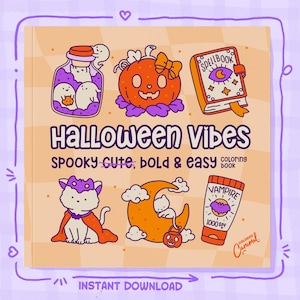 Halloween Coloring Book, Cute, Spooky Printable Instant Digital Download PDF, 50 Pages with Big, Easy and Bold Colorable Illustrations