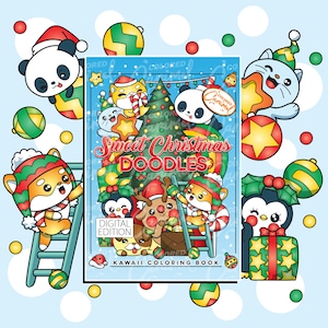 Kawaii Christmas Coloring Book, Printable Instant Digital Download PDF, Colorable Pages with Cute Doodles, Santa Animals and Joyful Elves