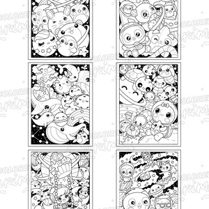 May include: A set of six black and white coloring pages featuring cute cartoon characters in space. Each page features a different scene with planets, stars, and other space-themed elements.
