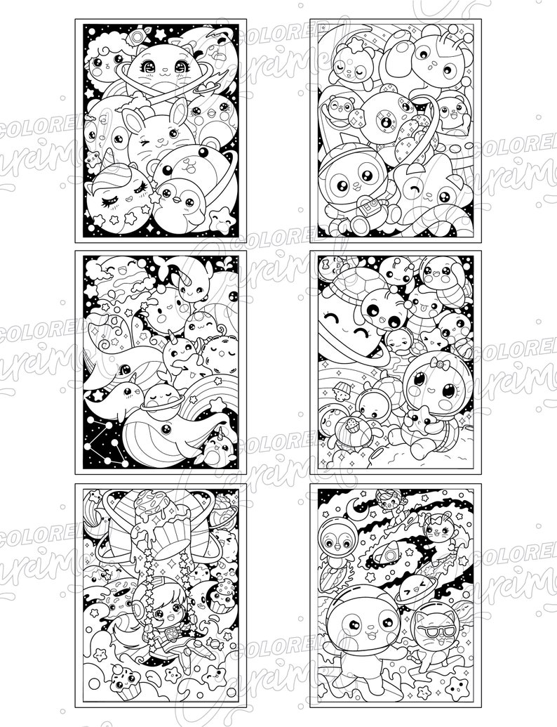 May include: A set of six black and white coloring pages featuring cute cartoon characters in space. Each page features a different scene with planets, stars, and other space-themed elements.