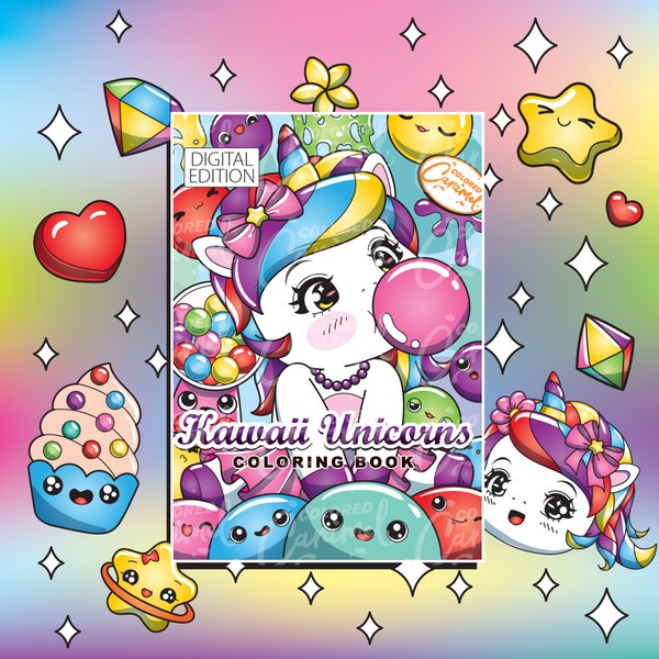 Livre de coloriage licorne kawaii, imprimable en téléchargement numérique instantané au format PDF, pages à colorier avec des éléments mignons, fantaisistes et magiques, bonbons