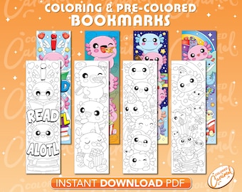 Puede incluir: Conjunto de ocho marcapáginas imprimibles con ilustraciones de ajolote. Los marcapáginas están en blanco y negro y listos para colorear. Algunos de los marcapáginas incluyen el texto "I read alotl".