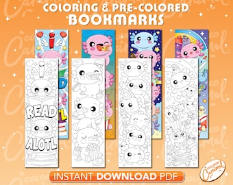 Kawaii Axolotl Coloring Bookmarks, Printables Instant Digital Download PDF, Cute Set of Colorable Colorful DIY Make Your Own Marker for Book