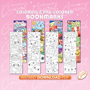 Kawaii Doodle Lesezeichen zum Ausmalen, Ausdrucke sofortiger digitaler Download PDF, süßes Set von einfärbbaren bunten DIY machen Ihre eigenen Marker für Bücher