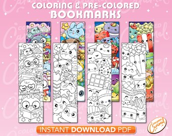 May include: Five printable bookmarks featuring cute cartoon characters. The bookmarks are in black and white and ready to be colored. The bookmarks feature a variety of themes, including books, food, and animals.