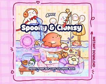 Spooky & Clumsy Coloring Book, 40 Cozy Spooky Pages with Cute Animal Friends and Ghosts, Halloween (Printable Instant Download PDF)