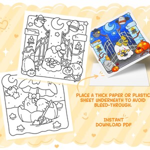 May include: Three Halloween-themed coloring pages, one colored, with a ghost, pumpkins, and a graveyard scene. The text reads "PLACE A THICK PAPER OR PLASTIC SHEET UNDERNEATH TO AVOID BLEED-THROUGH. INSTANT DOWNLOAD PDF."
