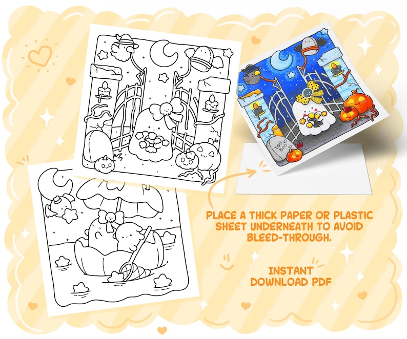 May include: Three Halloween-themed coloring pages, one colored, with a ghost, pumpkins, and a graveyard scene. The text reads "PLACE A THICK PAPER OR PLASTIC SHEET UNDERNEATH TO AVOID BLEED-THROUGH. INSTANT DOWNLOAD PDF."
