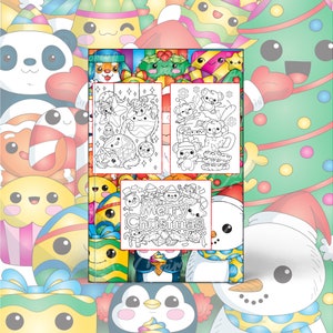 Kawaii Christmas Coloring Book, Printable Instant Digital Download PDF, Colorable Pages with Santa Animals, Joyful Elves, Festive Desserts image 2