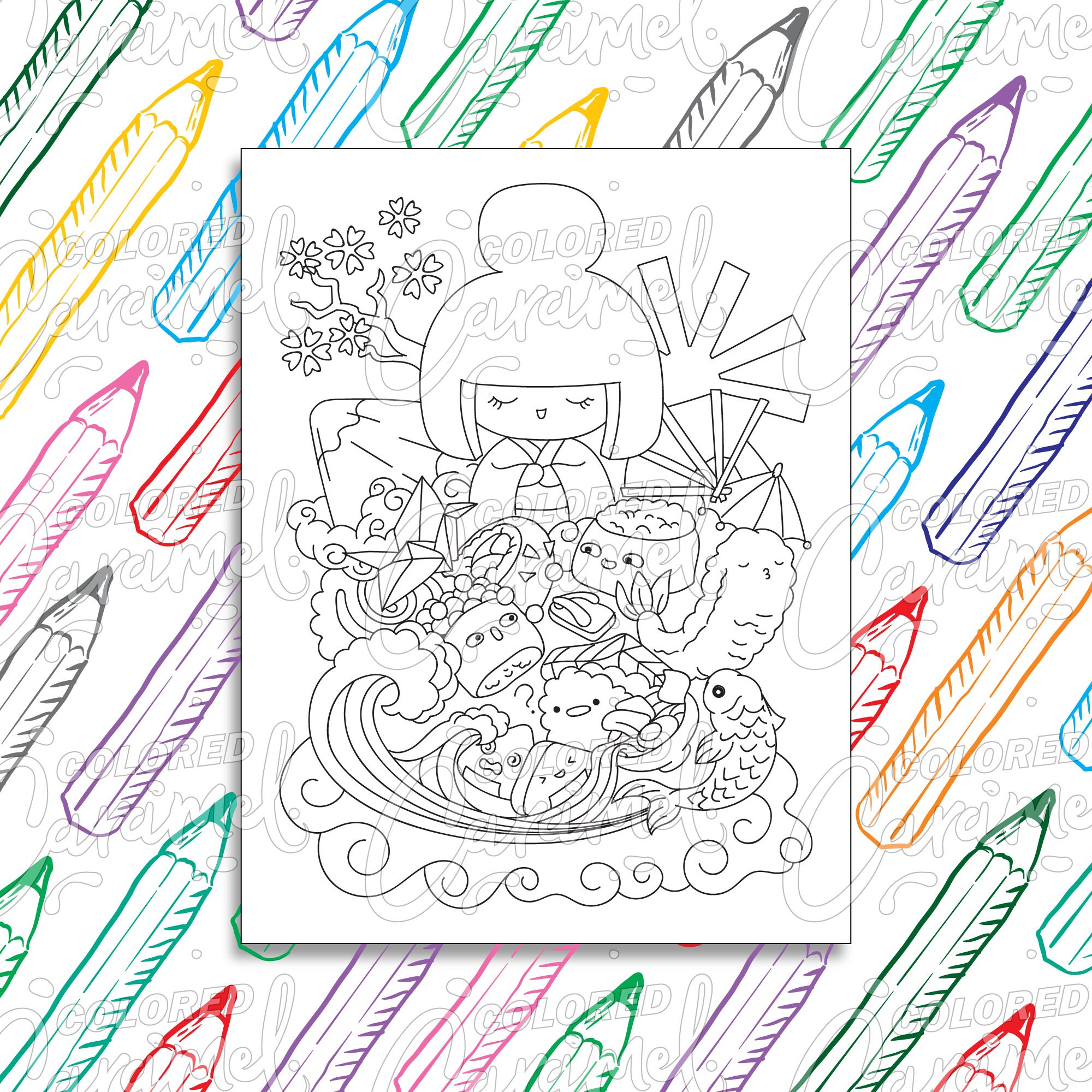 Art &amp; Collectibles Digital Kawaii Girl-6 Coloring Page PDF Zen Digital ...