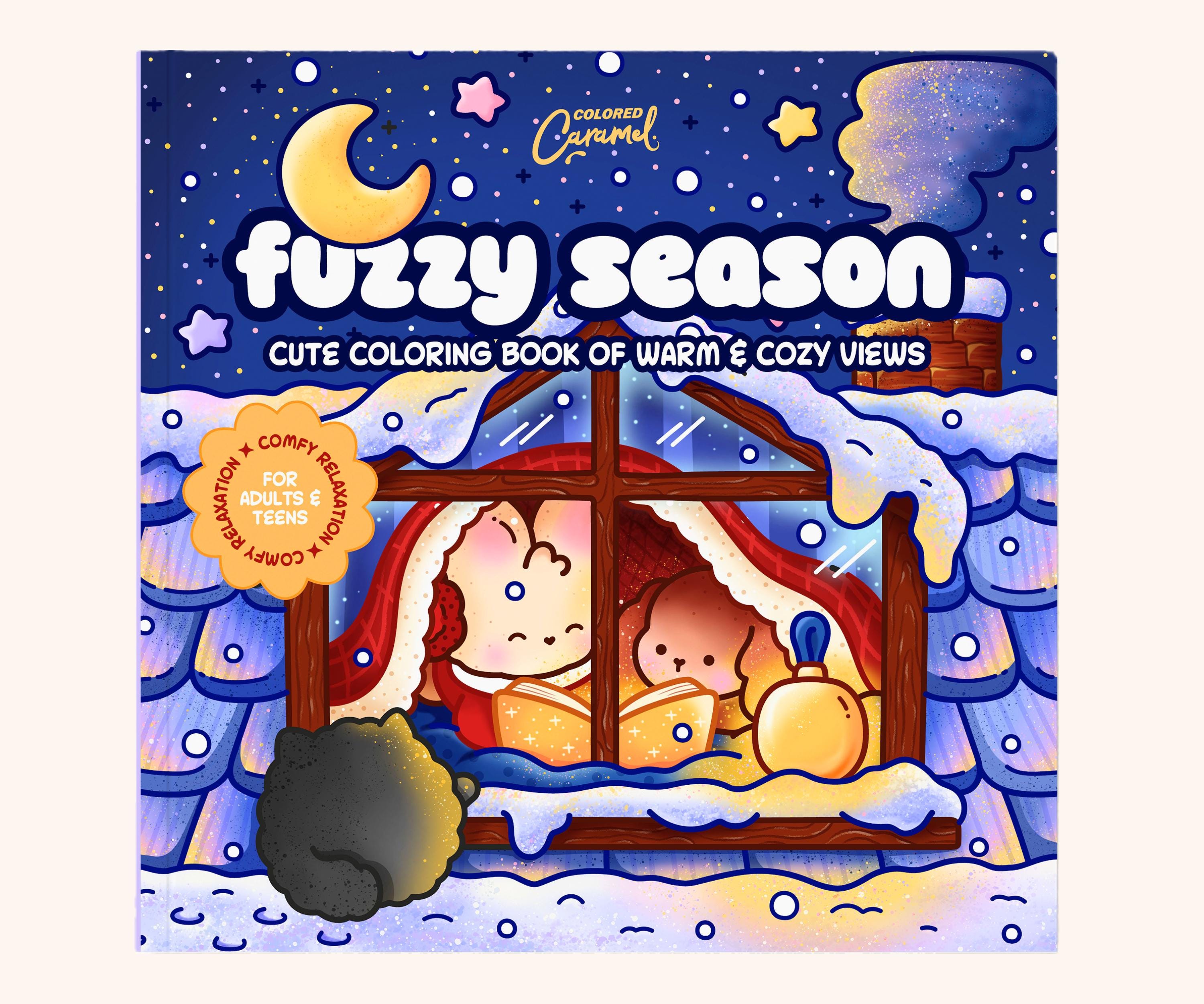 Cozy Autumn & Winter Coloring Book, Warm Window Views with Cute Animal Friends, Christmas Pages — coloring book cover