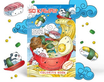 Kawaii Coloring Book, Printable PDF Instant Digital Download, Cute and Playful Colorable Pages with Japanese Ramen Noodle Bowl, Animals