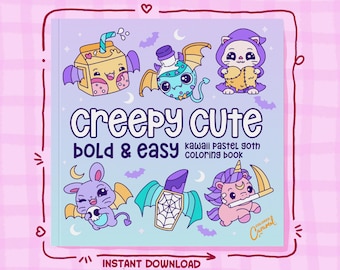 Libro para colorear Kawaii Pastel, adorable y espeluznante, descarga digital instantánea en PDF, 55 páginas con ilustraciones fáciles y llamativas para colorear.