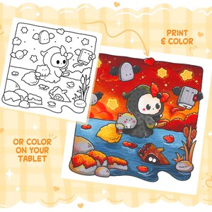 May include: A digital art print featuring a cartoon character in a black hooded cloak, holding a cat and a broom, with a book with wings. The image is set against a colorful background with the text "Print & Color" and "Or Color On Your Tablet".