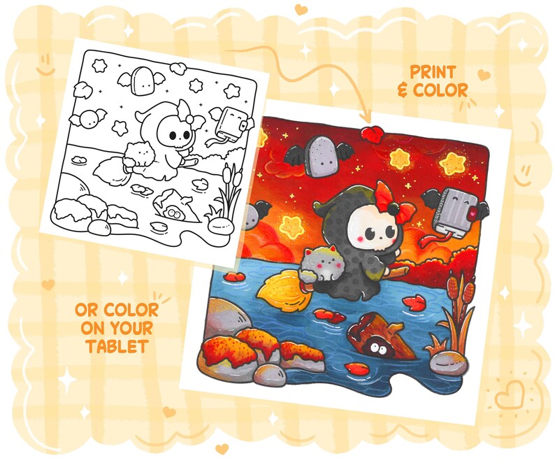 May include: A digital art print featuring a cartoon character in a black hooded cloak, holding a cat and a broom, with a book with wings. The image is set against a colorful background with the text "Print & Color" and "Or Color On Your Tablet".