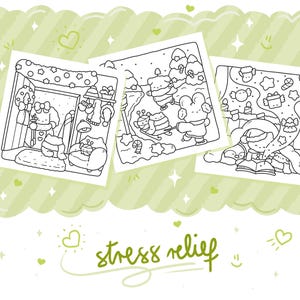 May include: Three black and white coloring pages featuring whimsical scenes with cartoon characters in winter settings. The phrase "stress relief" is written in a cursive font below the images, set against a light green background with hearts and stars.