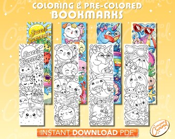 Puede incluir: Conjunto de seis marcapáginas imprimibles con adorables personajes de dibujos animados. Los marcapáginas están disponibles en versiones a color y en blanco y negro. El texto en los marcapáginas dice "Sweet Summer".