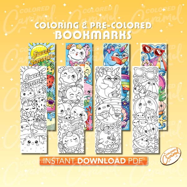 Kawaii Summer Coloring Bookmarks, Printables Instant Digital Download PDF, Cute Set of Colorable Colorful DIY Make Your Own Marker for Books