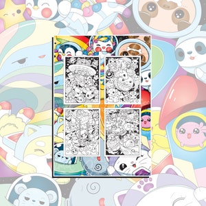 May include: A set of four black and white coloring pages featuring cute cartoon characters in a space theme. The pages include a spaceship, planets, stars, and other space-related imagery.