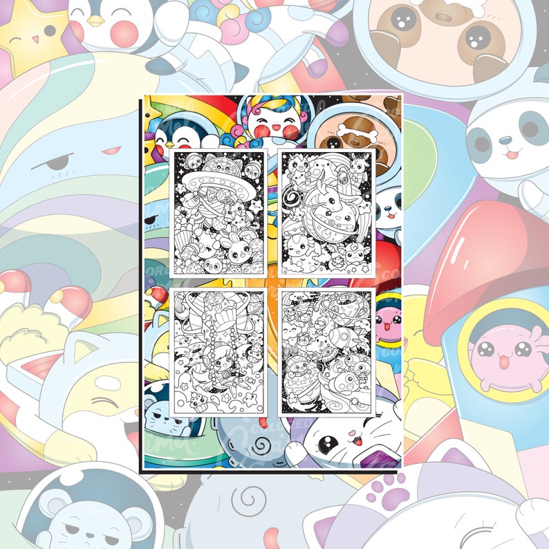 May include: A set of four black and white coloring pages featuring cute cartoon characters in a space theme. The pages include a spaceship, planets, stars, and other space-related imagery.