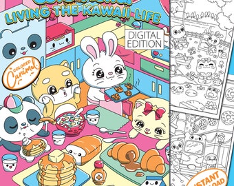 Kawaii Life Coloring Book, Printable Instant Digital Download PDF, Colorable Pages with Cute, Fantasy Animals and Magical Illustrations