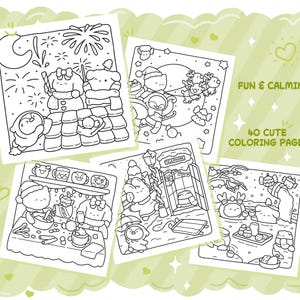May include: A collection of five square coloring pages with cute cartoon characters in various winter scenes. The pages are black and white line drawings, with text that reads "FUN & CALMING" and "40 CUTE COLORING PAGES". The pages are arranged on a light green background.