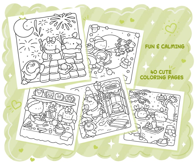 May include: A collection of five square coloring pages with cute cartoon characters in various winter scenes. The pages are black and white line drawings, with text that reads "FUN & CALMING" and "40 CUTE COLORING PAGES". The pages are arranged on a light green background.