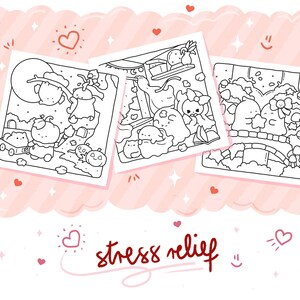 May include: Three black and white coloring pages featuring whimsical illustrations of cute characters in various scenes. The pages are on a pink background with hearts and the words "stress relief" in red script.